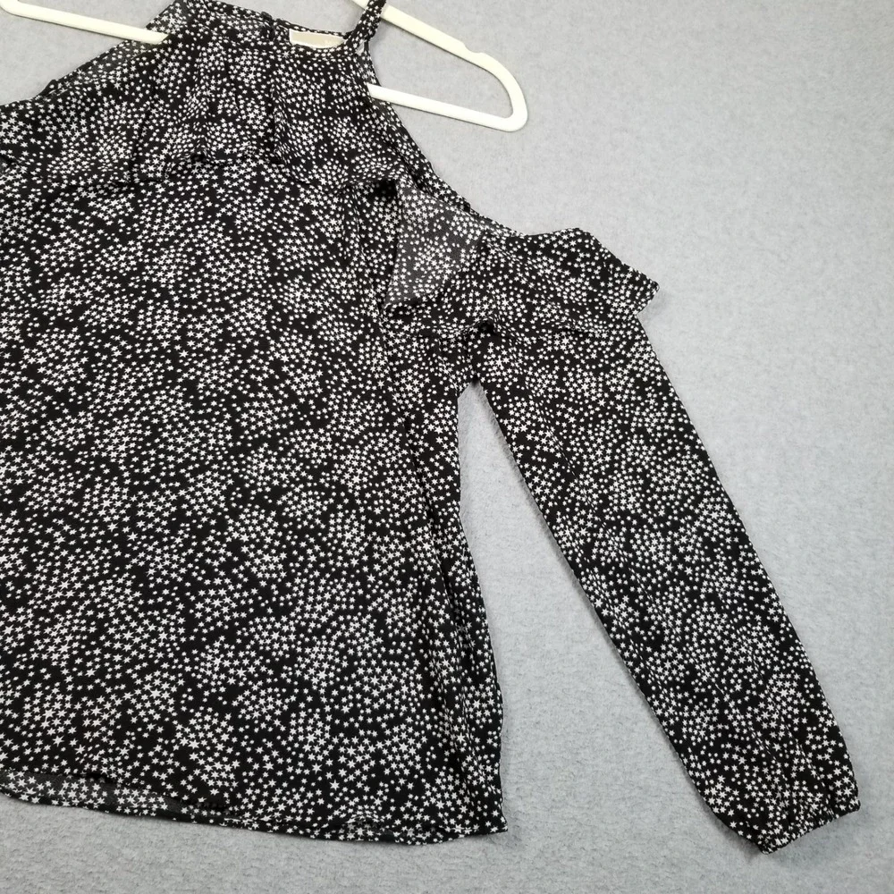 Michael Kors Top Womens M Medium Black White Stars Cold Shoulder Whimsy Blouse